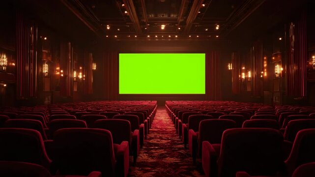 Elegant art deco movie theater with empty red velvet seats facing a large green screen. Perfect for compositing and chroma key projects in a classic cinema hall.


