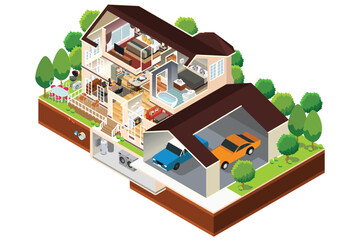 Isometric View of House Exterior and Interior Vector Illustration