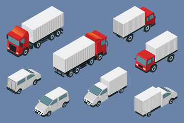Isometric of Freight Trucks Vans Transportation Vector Illustration