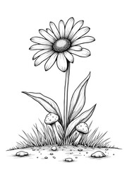 An enchanting, finely detailed, line-art illustration that showcases a daisy, grass, and mushrooms, rendering a captivating aesthetic. coloring page