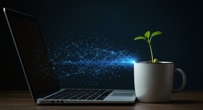 Digital Growth: A computer generates a field of energy for the growth of a plant in a cup, representing new ideas.