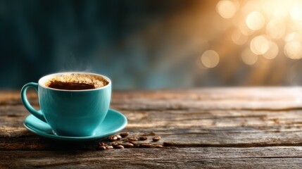 Obraz premium An aesthetic view of a steaming cup of coffee placed on a wooden table, highlighted by warm lighting that enhances the coffee's rich brown color and inviting aroma.