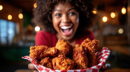 A delighted woman showcasing a basket of crispy chicken wings, exuding joy and excitement, set in a lively indoor dining environment that invites viewers to share in the moment.