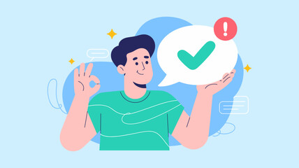 happy user holding a notification bubble with a checkmark, vector illustration for successful communication, customer satisfaction and positive feedback
