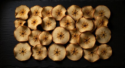 Dried apple chips arranged on dark surface, presenting a healthy snack option with natural sweetness and rustic appeal.