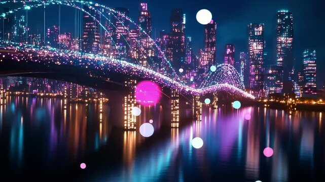 A network of digital bridges connecting disparate districts within the city highlighting the cohesion and collaboration needed for regional economic integration.