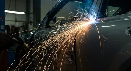 Close-up shot of a person welding a car panel, producing bright sparks in a garage setting. Automotive repair work.