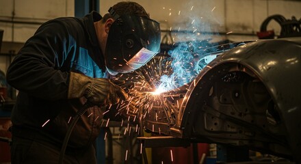 Welder expertly fuses metal parts with precision, sparks flying as a masked professional completes automotive restoration.