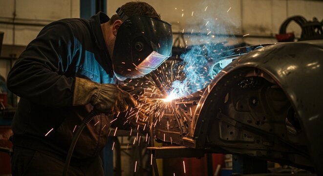 Welder expertly fuses metal parts with precision, sparks flying as a masked professional completes automotive restoration.