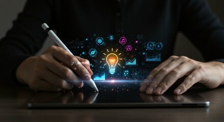 Digital illumination: Person utilizing a pen on a tablet, surrounded by symbols of diverse creative ideas.