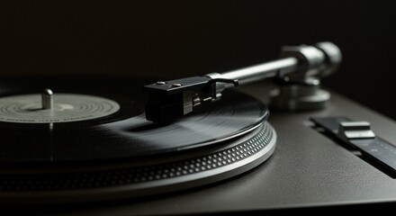 Close-up of a record player in operation, showcasing the stylus on the vinyl, set against a dark, intimate backdrop.