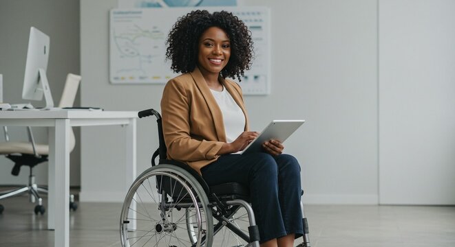 Confident businesswoman with curly hair uses a tablet while sitting in a wheelchair in a modern office. Inclusion.