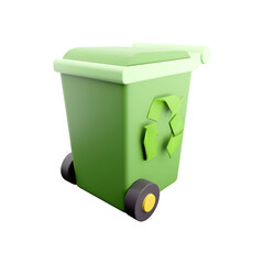 A green recycling bin with wheels, designed for waste disposal and promoting recycling practices.