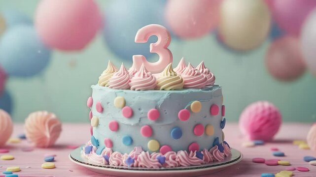 Third Birthday Celebration Cake with Number Three Topper on Table