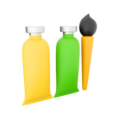 Three colorful paint tubes and a paintbrush, representing art supplies for creative projects.