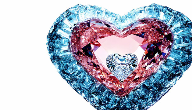 A heart-shaped crystal formation, pink & clear, with a smaller crystal heart nestled inside, isolated on white