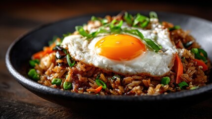 An appetizing plate of fried rice topped with a perfectly cooked sunny-side up egg, garnished with green onions, representing a mouth-watering culinary experience.