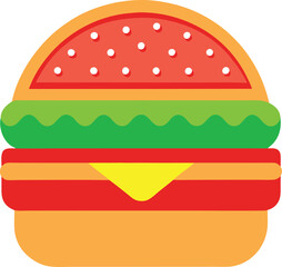 Stylized flat design hamburger icon with sesame seed bun and cheese