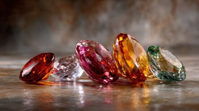 A striking arrangement of colorful gemstones showcases their beauty, each piece reflecting dazzling facets and hues, perfect for art or jewelry representations.