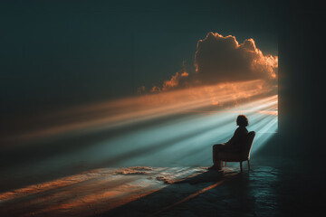 Person Sitting Alone as Sunlight Streams Through a Cloud-Filled Window in a Dark Room