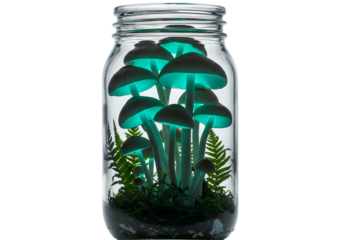 Glowing Teal Mushrooms in a Mason Jar Terrarium isolated on transparent background
