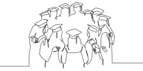 Continuous line, group of graduates standing in a circle graduating from university. Minimal hand drawn line vector cut out background editable stroke.