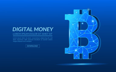 Bitcoin Symbol Bright Blue Polygonal Design Blockchain Technology on a blue technological background with text, Decentralized Digital Currency for Global Investment and Financial Future