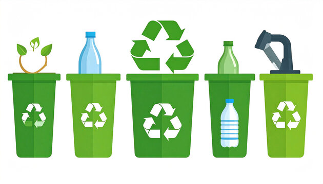 Five green recycling bins depict the process  plant growth, plastic bottle disposal, recycling symbol, and final product