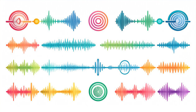 Collection of colorful, stylized sound wave illustrations, varying in length and hue, incorporating concentric circle designs