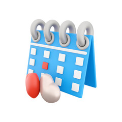 A blue calendar with a stand, featuring a red square and two abstract shapes beside it.