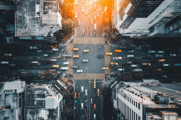 Aerial View of Busy Urban Traffic at Highway Interchange During Sunset with Speeding Vehicles