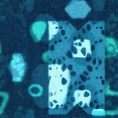 Abstract indigo blue batik dye seamless pattern, Organic bleed effect dyed wash background.