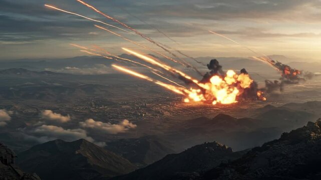 Aerial view of a fiery destruction scene over mountains
