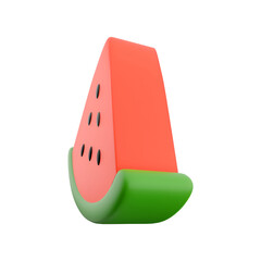 A stylized, 3D representation of a watermelon slice, showcasing vibrant colors and a playful design.