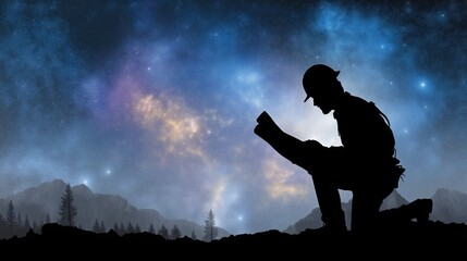 Fototapeta premium A silhouetted prospector holding a vintage map under the stars, kneeling near a rocky outcrop in the wilderness