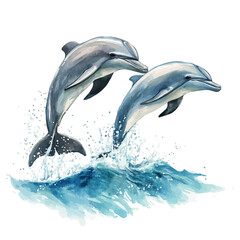 Fototapeta premium Dolphins Leaping Summer Waters, watercolor clipart vector, isolated on a white background.