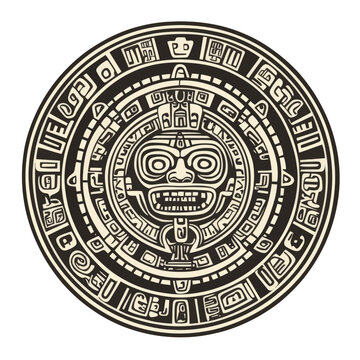 Modern illustration showcasing a hand drawn aztec skull medallion plaque design