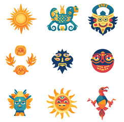 Naklejka premium The Mayan aztec totem incorporates isolated modern symbols of an ancient Mexican tribal eagle, snake, turtle, lizard, aztec gods, pyramids, suns, monkeys, fish, frogs, ravens, and birds, all set