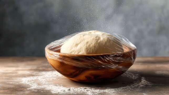 A close-up of dough rising in a wooden bowl, covered with plastic wrap, representing the essential preparation phase in baking, showcasing texture and process.