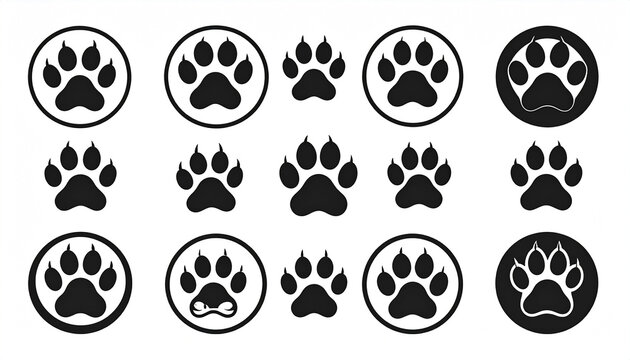 A collection of twelve diverse paw print designs; some enclosed in circles, others standalone, all in a simple black silhouette style
