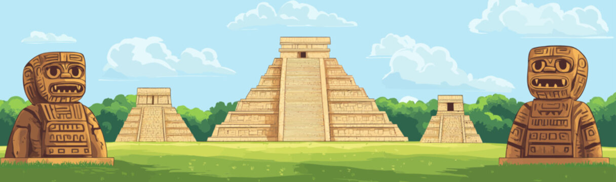 A summer landscape featuring a tropical forest and an abandoned village of the Mesoamerican Mayan civilization is the backdrop for a modern cartoon illustration of ancient Aztec temple ruins,
