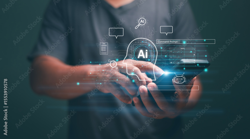 Aufkleber Futuristic technology transformation. Businessman using application on smartphone for intelligence AI to assistance business. Command prompt for generates something, Ai search, Smart chatbot.