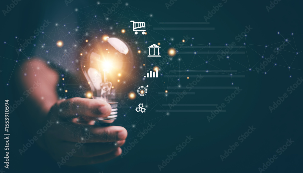 Aufkleber business global internet connection application technology and digital marketing. hand holding light