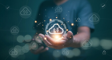 Cloud computing technology concept. Businessman holding cloud computing icon and link to network...