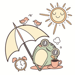 Delightful Peaceful Red-eyed tree frog in a Morning sunshine scene with under an umbrella – Sunny Mornings vector illustration