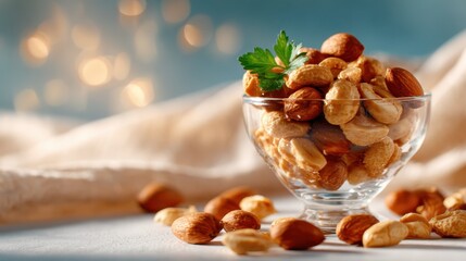Fresh assorted nuts are artfully displayed in a glass bowl, inviting indulgence in their flavors and textures, perfect for gatherings or health-conscious snacking.