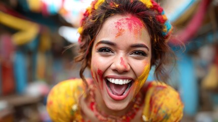A young woman covered in vibrant colors joyfully celebrates during a festival, embodying the spirit of happiness, cultural expression, and the thrill of joyful experiences.