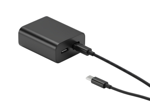 Compact USBC Power Adapter with Cable isolated on transparent background