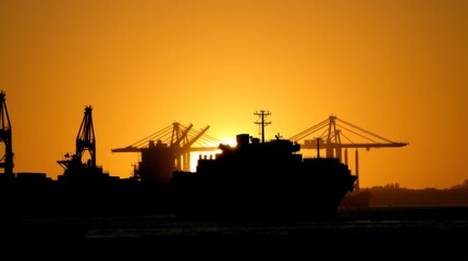 Silhouette of a Cargo Ship at Sunset:  A striking silhouette of a cargo ship, framed against the vibrant hues of a setting sun.