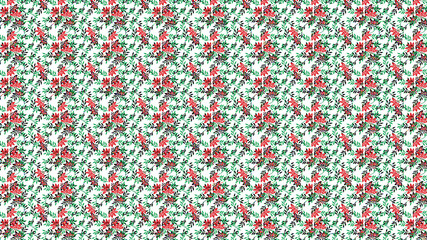 Vibrant red and black floral pattern with green leaves on white background